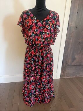 MSK Black Floral Midi Dress 1X EUC with Pink & Red Blooms